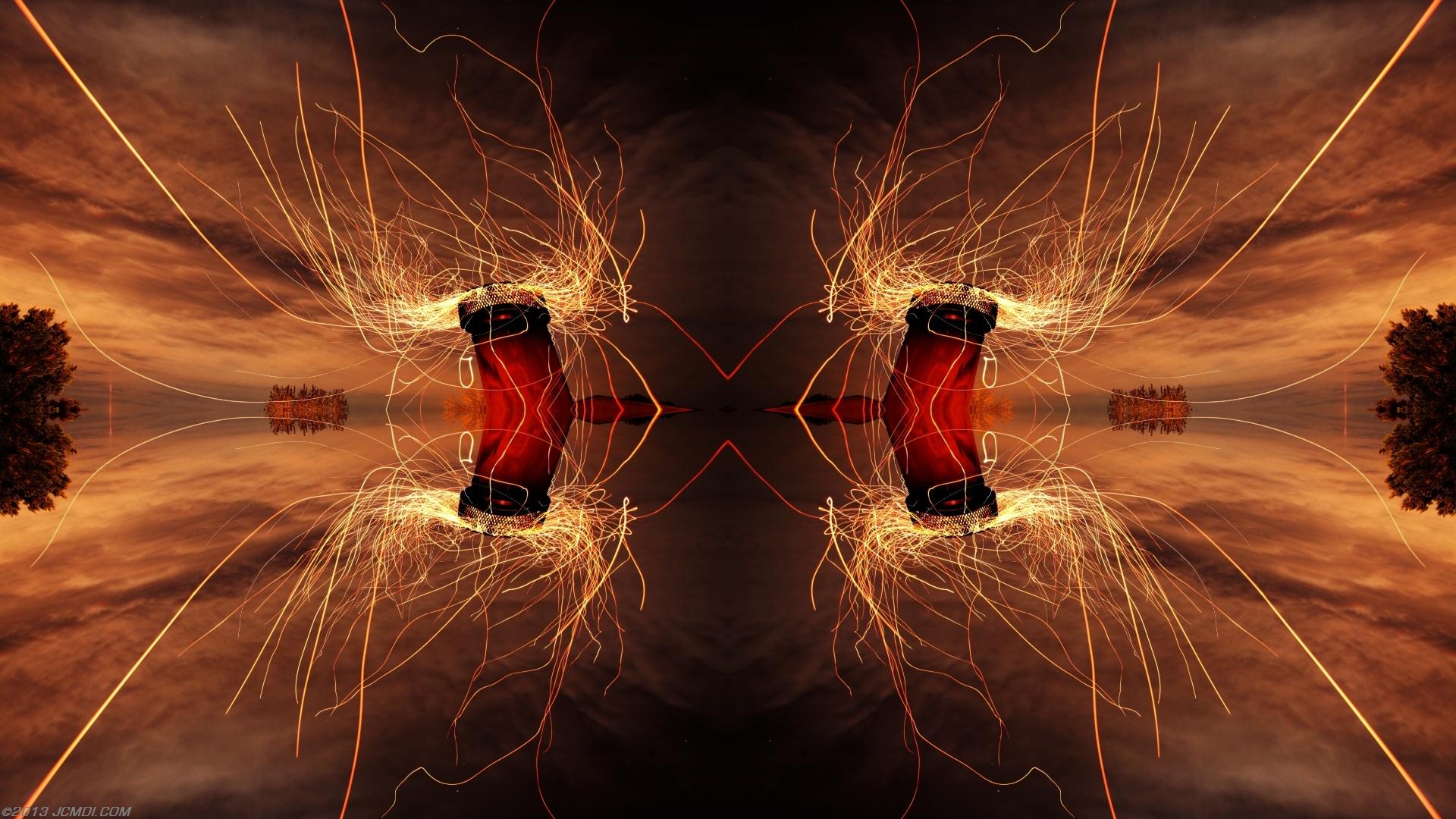 Quadroscopic composite trails: 5D clouds moon chimney sparks and stars